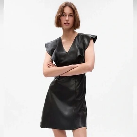 GAP | Dresses | Gap Vegan Leather Flutter Sleeve Vneck Aline Mini Dress  Black Sz Tall | Poshmark